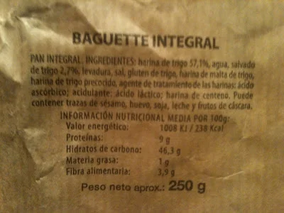 PAN LIDL BAGUETTE INTEGRAL